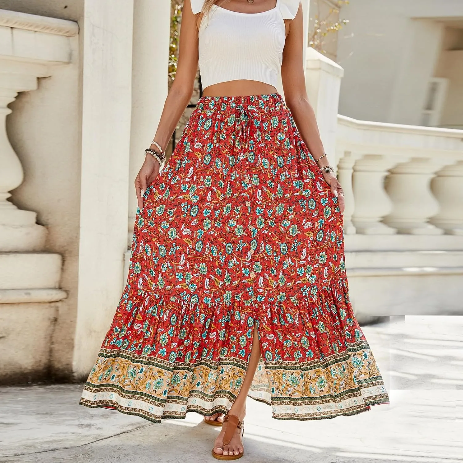 Pleated Skirts for Women,Wrap Drawstring Tiered Flowy Maxi Skirts 2025 Trendy Casual Long Boho Skirt Spring Summer