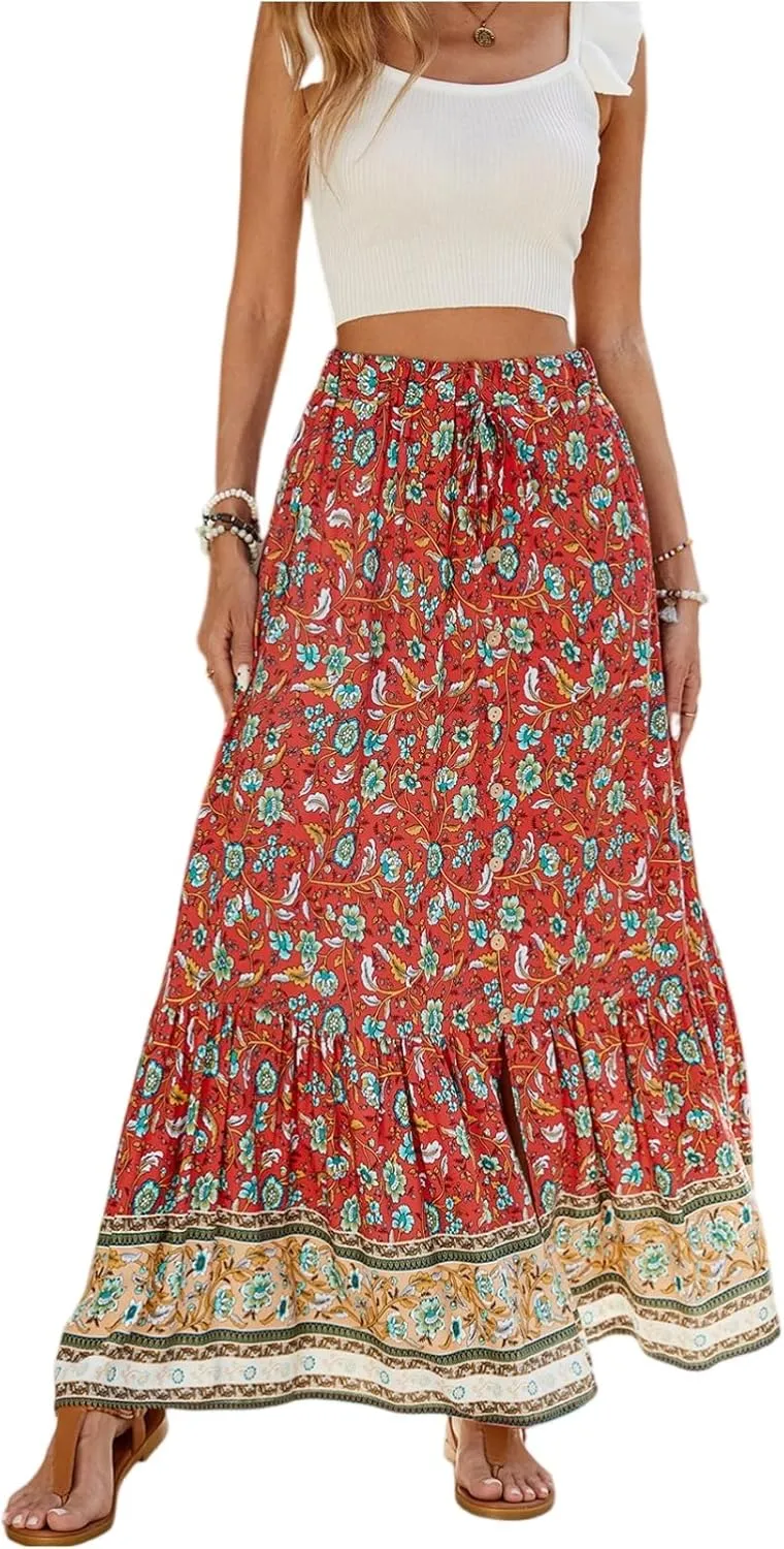 Pleated Skirts for Women,Wrap Drawstring Tiered Flowy Maxi Skirts 2025 Trendy Casual Long Boho Skirt Spring Summer