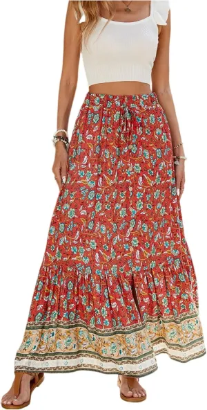 Pleated Skirts for Women,Wrap Drawstring Tiered Flowy Maxi Skirts 2025 Trendy Casual Long Boho Skirt Spring Summer