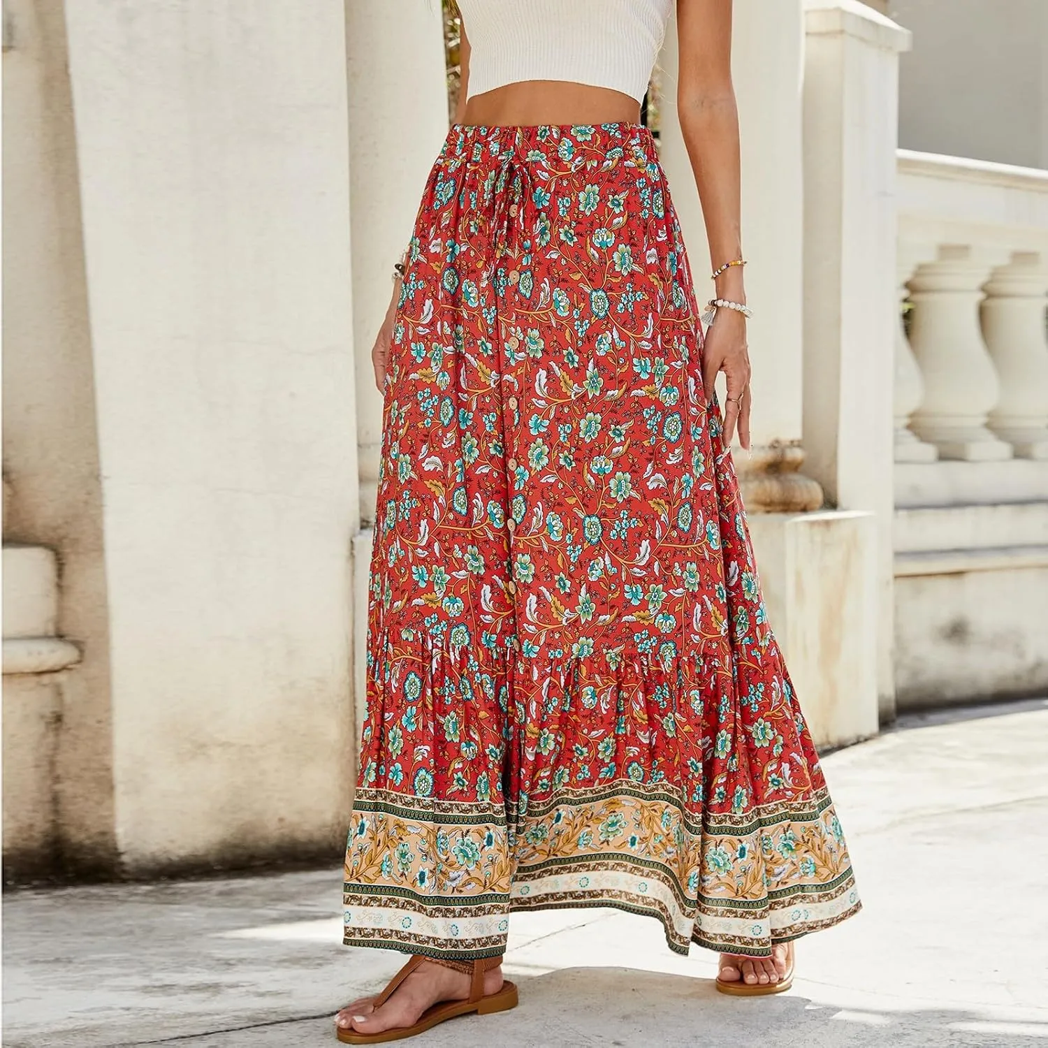 Pleated Skirts for Women,Wrap Drawstring Tiered Flowy Maxi Skirts 2025 Trendy Casual Long Boho Skirt Spring Summer