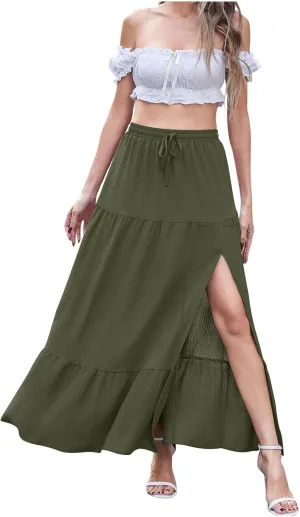 Plus Size Maxi Skirts for Women Summer Boho Flowy Tiered A-Line Skirt Casual Fashion Elastic Waist Pleated Dress