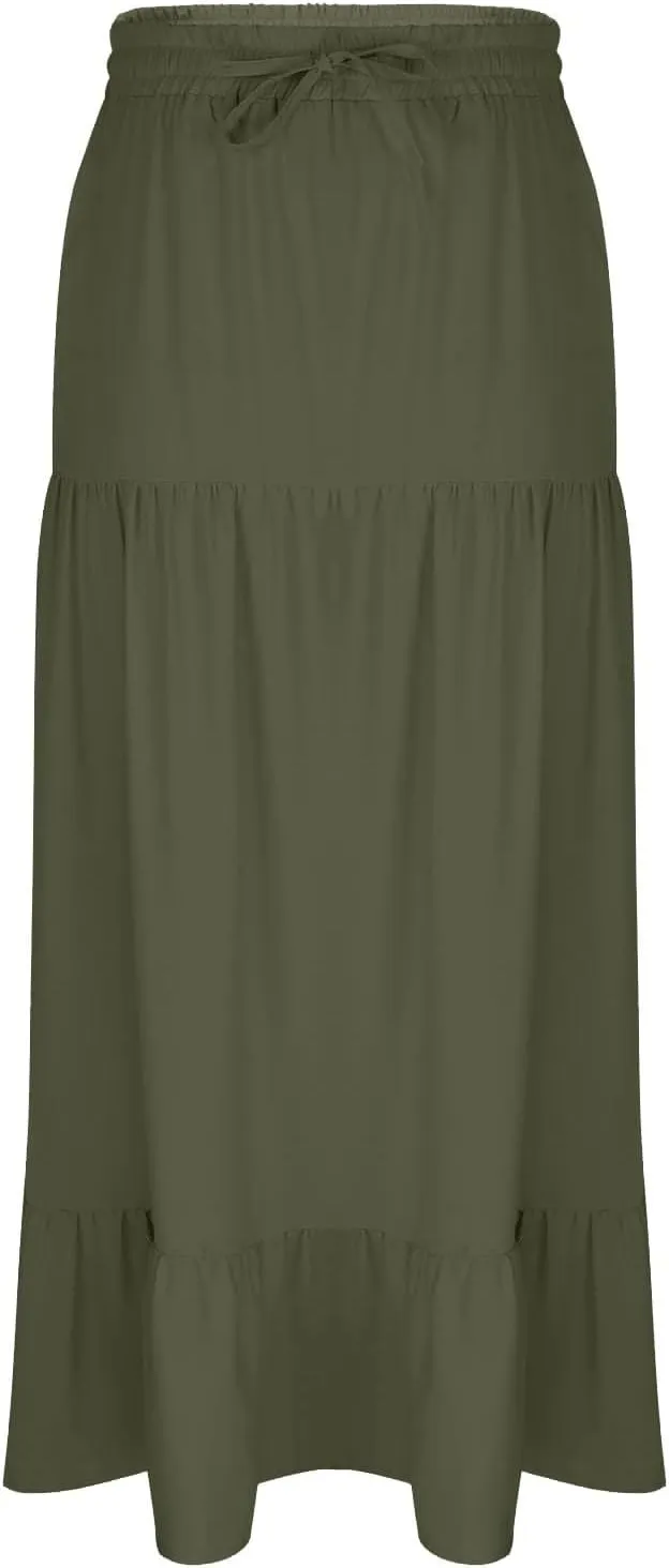 Plus Size Maxi Skirts for Women Summer Boho Flowy Tiered A-Line Skirt Casual Fashion Elastic Waist Pleated Dress