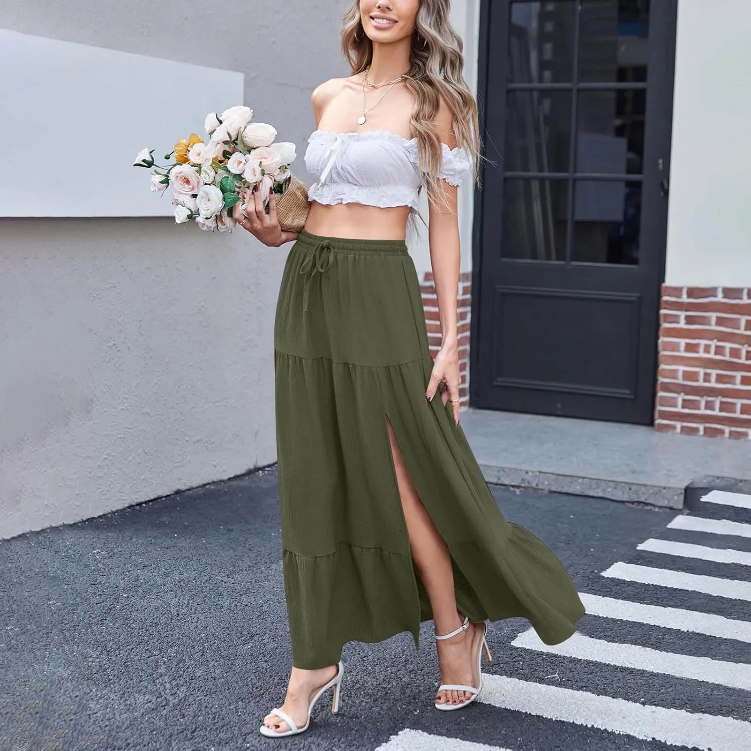 Plus Size Maxi Skirts for Women Summer Boho Flowy Tiered A-Line Skirt Casual Fashion Elastic Waist Pleated Dress