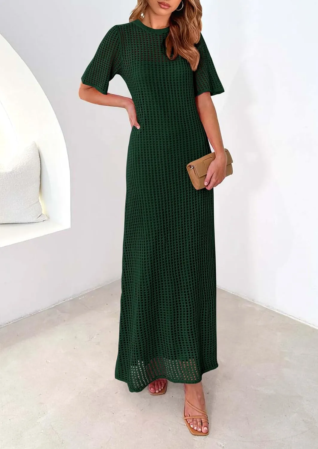 PRETTYGARDEN Womens Eyelet Cover Up Dress 2025 Summer Vacation Resort Maxi Dresses Beach Short Sleeve Hollow Out Sundress