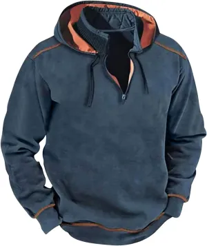 Retro Style Windproof Hooded Sweatshirt, Outdoor Quarter Zip Tactical Jacket Coat, Winter Vintage Sweaters for Men