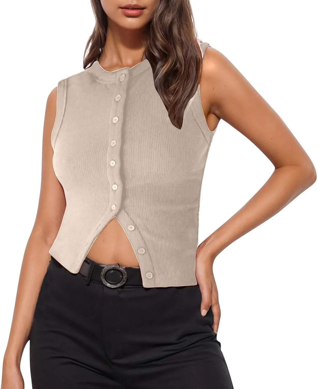 Ribbed Kint Tank Tops for Women Summer Button Front Sleeveless Cropped Shirts Casual Sexy Slim Fit Going Out Blouse