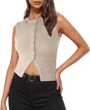 Ribbed Kint Tank Tops for Women Summer Button Front Sleeveless Cropped Shirts Casual Sexy Slim Fit Going Out Blouse