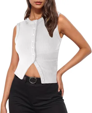 Ribbed Kint Tank Tops for Women Summer Button Front Sleeveless Cropped Shirts Casual Sexy Slim Fit Going Out Blouse
