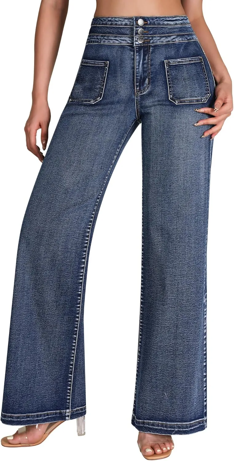 roswear Wide Leg Jeans Woman High Waist Stretchy Loose Denim Pants