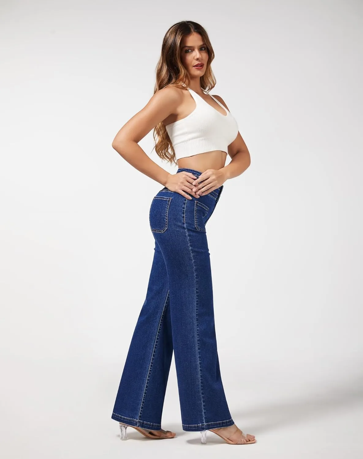 roswear Wide Leg Jeans Woman High Waist Stretchy Loose Denim Pants