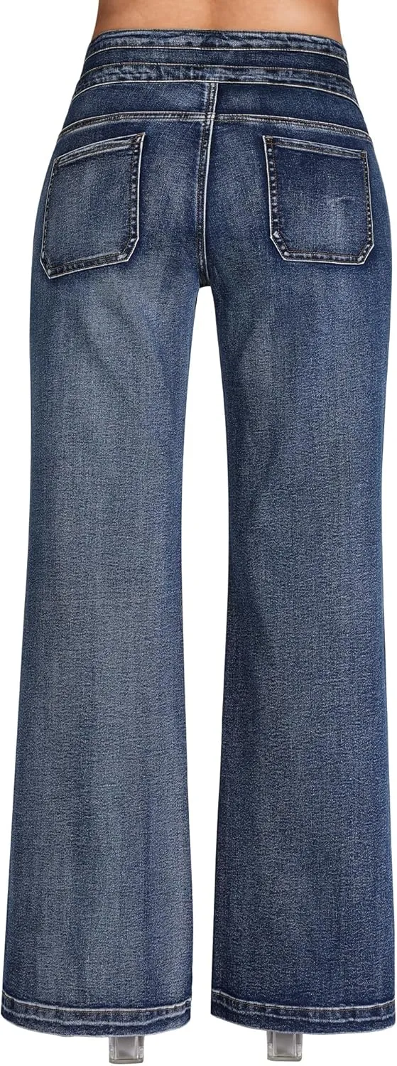 roswear Wide Leg Jeans Woman High Waist Stretchy Loose Denim Pants