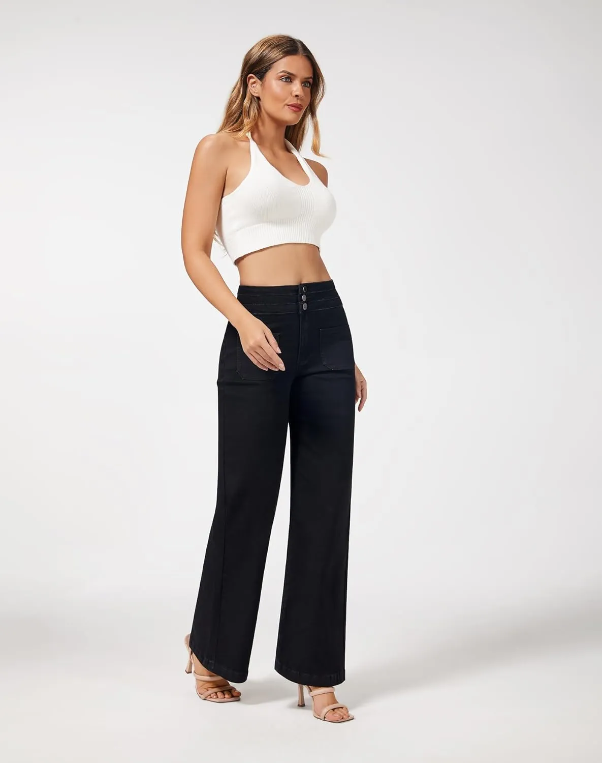 roswear Wide Leg Jeans Woman High Waist Stretchy Loose Denim Pants