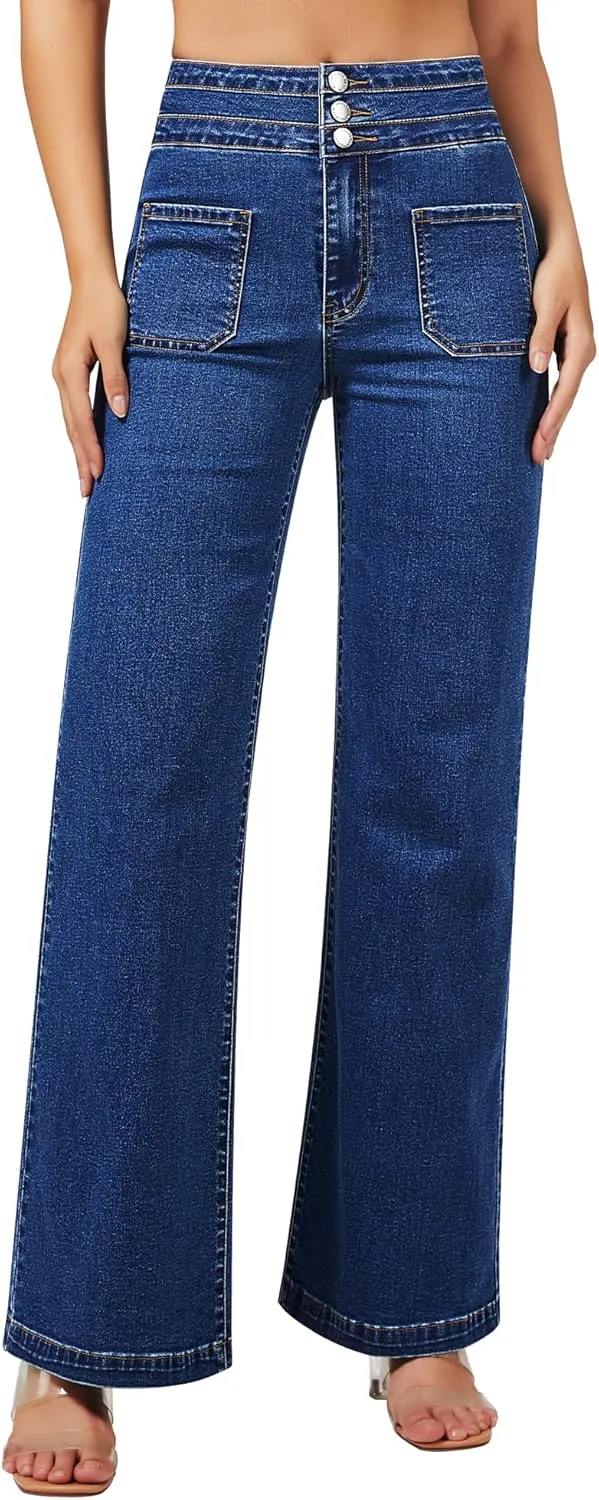 roswear Wide Leg Jeans Woman High Waist Stretchy Loose Denim Pants