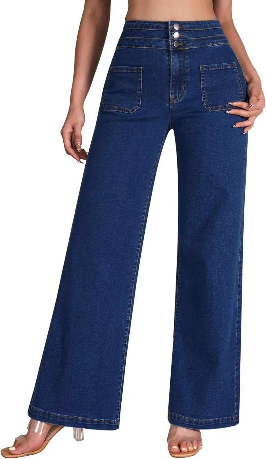 roswear Wide Leg Jeans Woman High Waist Stretchy Loose Denim Pants