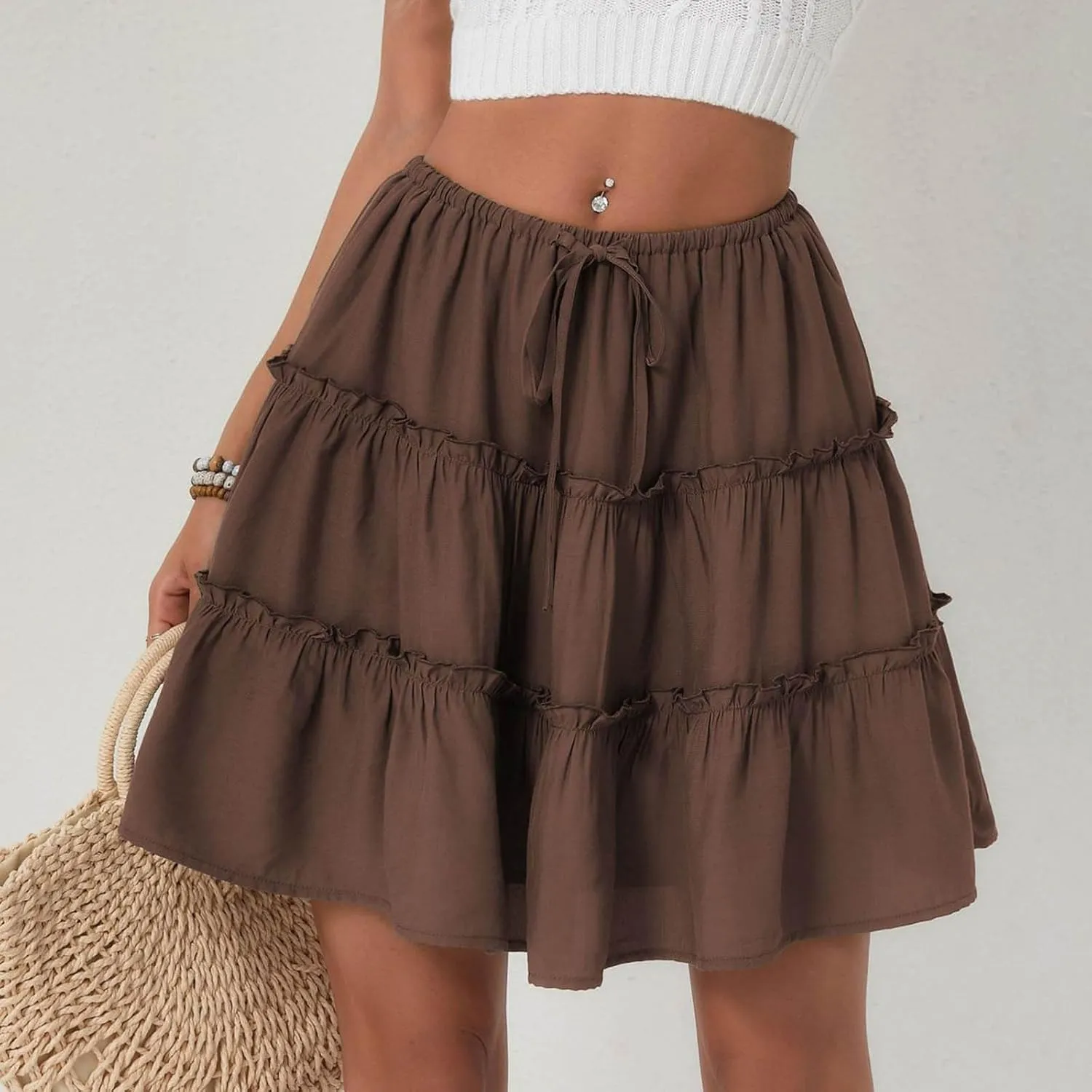 Ruffle High Waist Mini Skirt for Women Stretchy Lightweight Layered Solid Short Skirts Swing Casual Beach Shorts