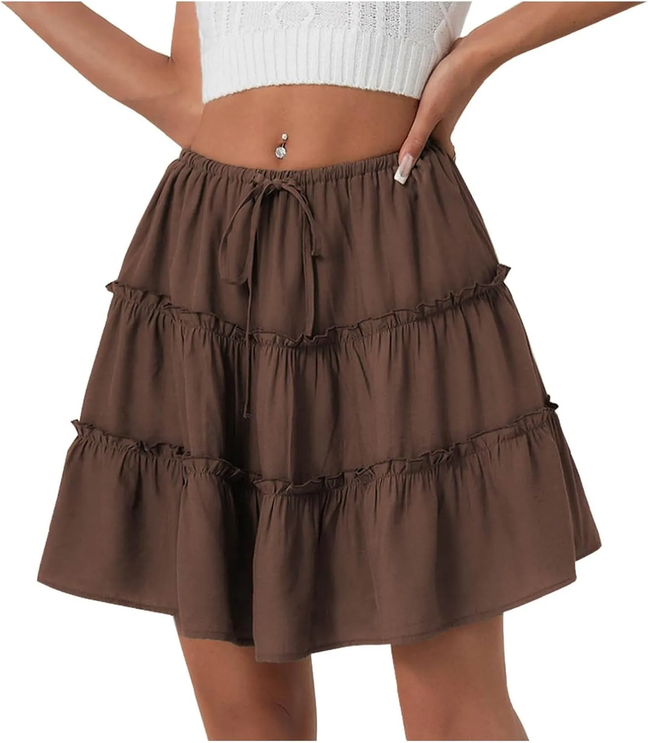 Ruffle High Waist Mini Skirt for Women Stretchy Lightweight Layered Solid Short Skirts Swing Casual Beach Shorts