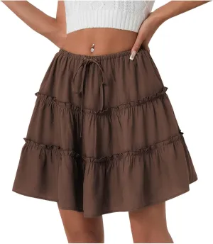 Ruffle High Waist Mini Skirt for Women Stretchy Lightweight Layered Solid Short Skirts Swing Casual Beach Shorts