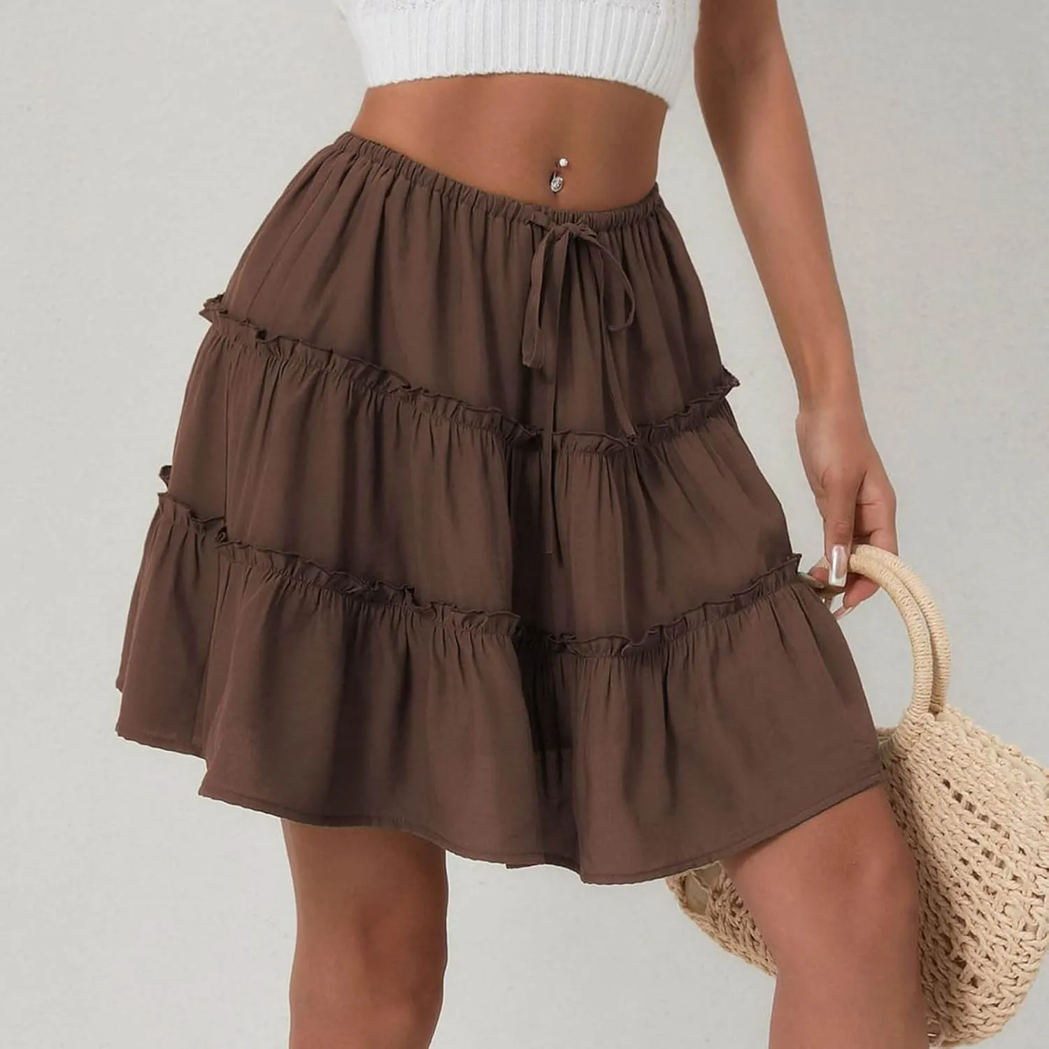Ruffle High Waist Mini Skirt for Women Stretchy Lightweight Layered Solid Short Skirts Swing Casual Beach Shorts