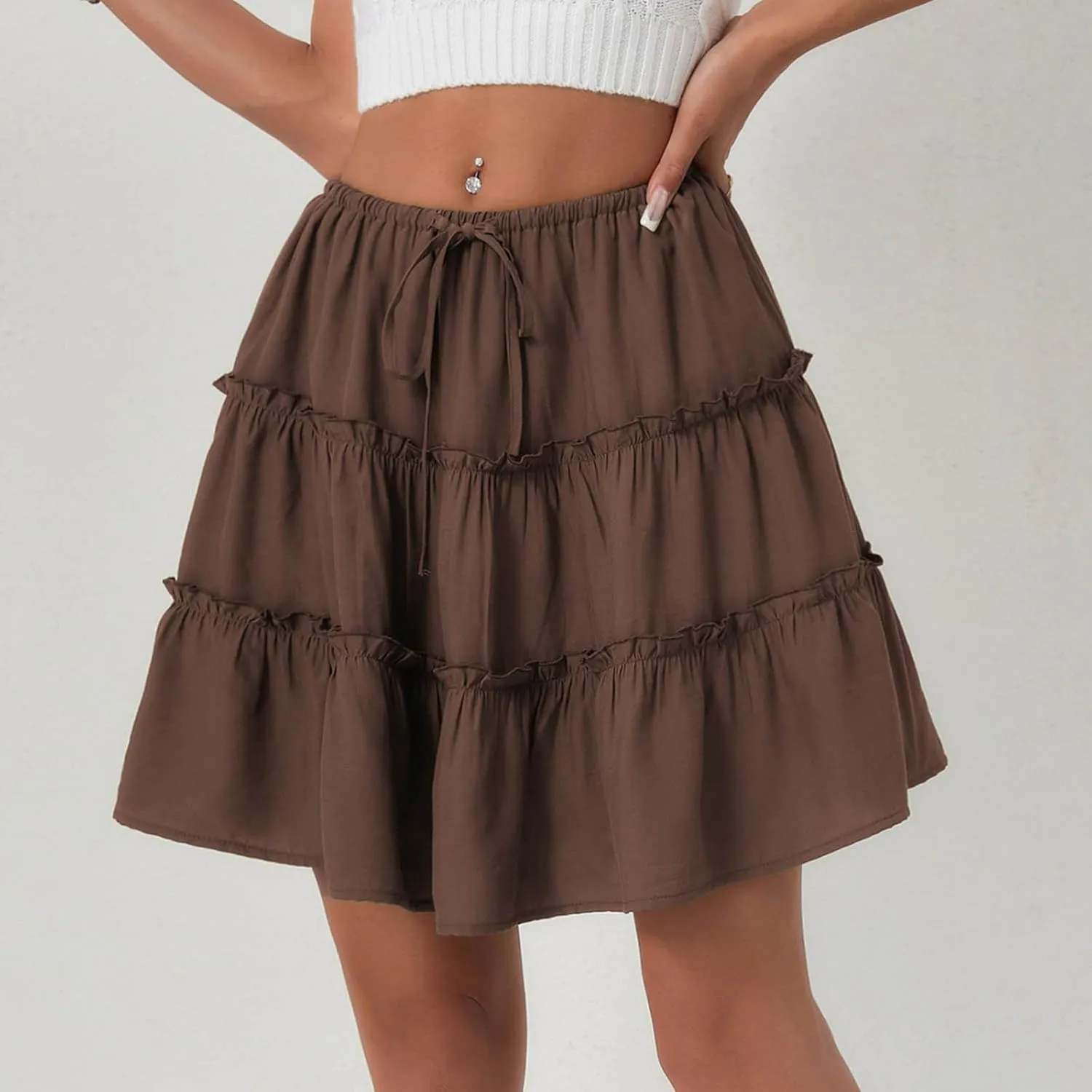 Ruffle High Waist Mini Skirt for Women Stretchy Lightweight Layered Solid Short Skirts Swing Casual Beach Shorts