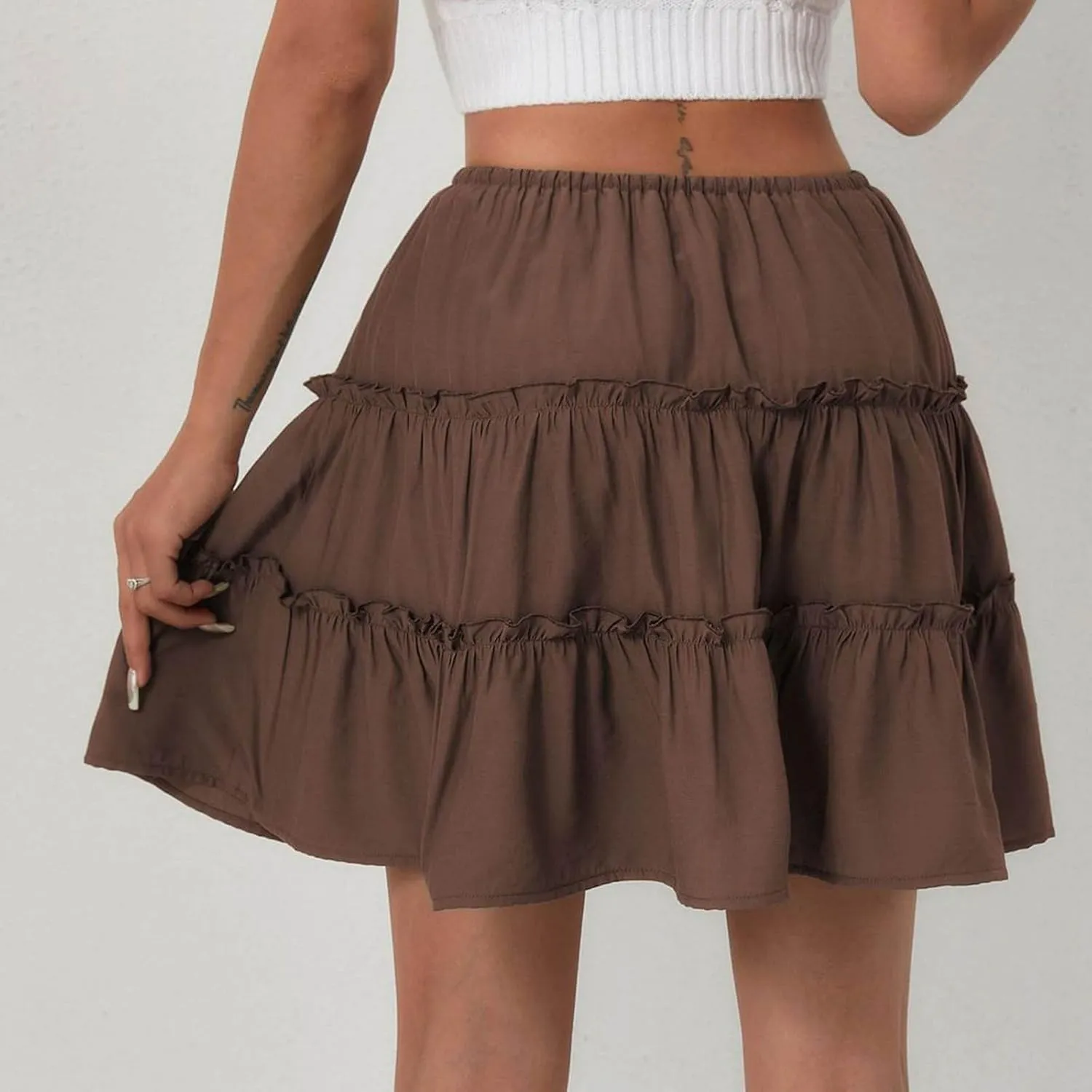 Ruffle High Waist Mini Skirt for Women Stretchy Lightweight Layered Solid Short Skirts Swing Casual Beach Shorts