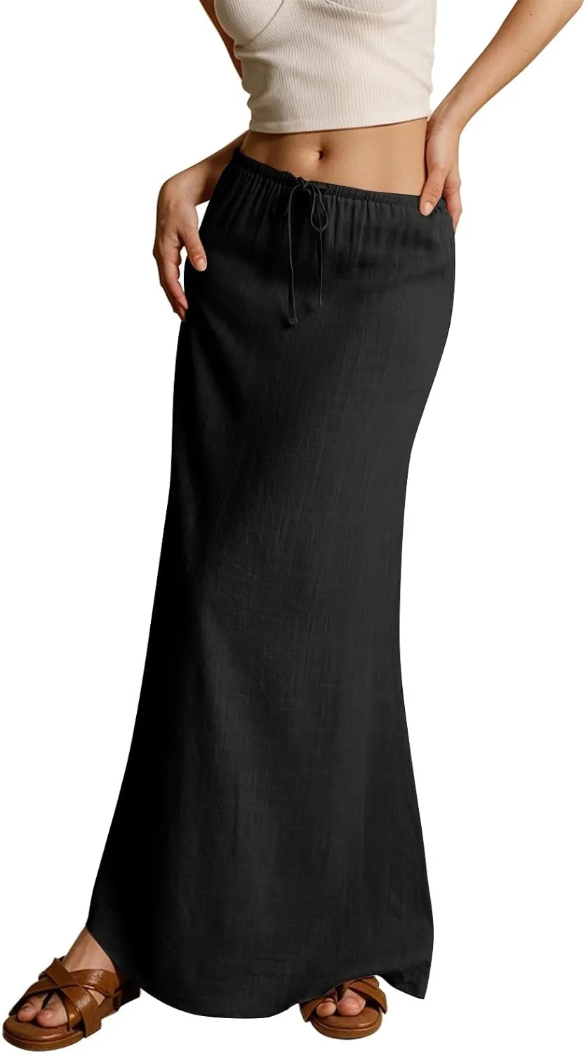 Rvidbe Maxi Skirts for Women 2025 Summer Comfy Drawstring Waist A Line Skirts Cute Vacation Boho Long Flowy Beach Skirts