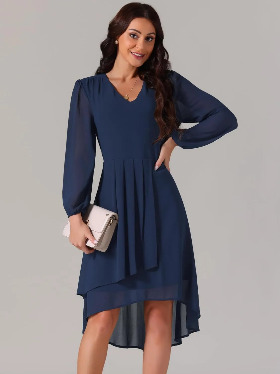Seta T Women's V Neck Long Sleeve Dresses Chiffon Pleated High Low Asymmetrical Hem Wedding Guest Dress