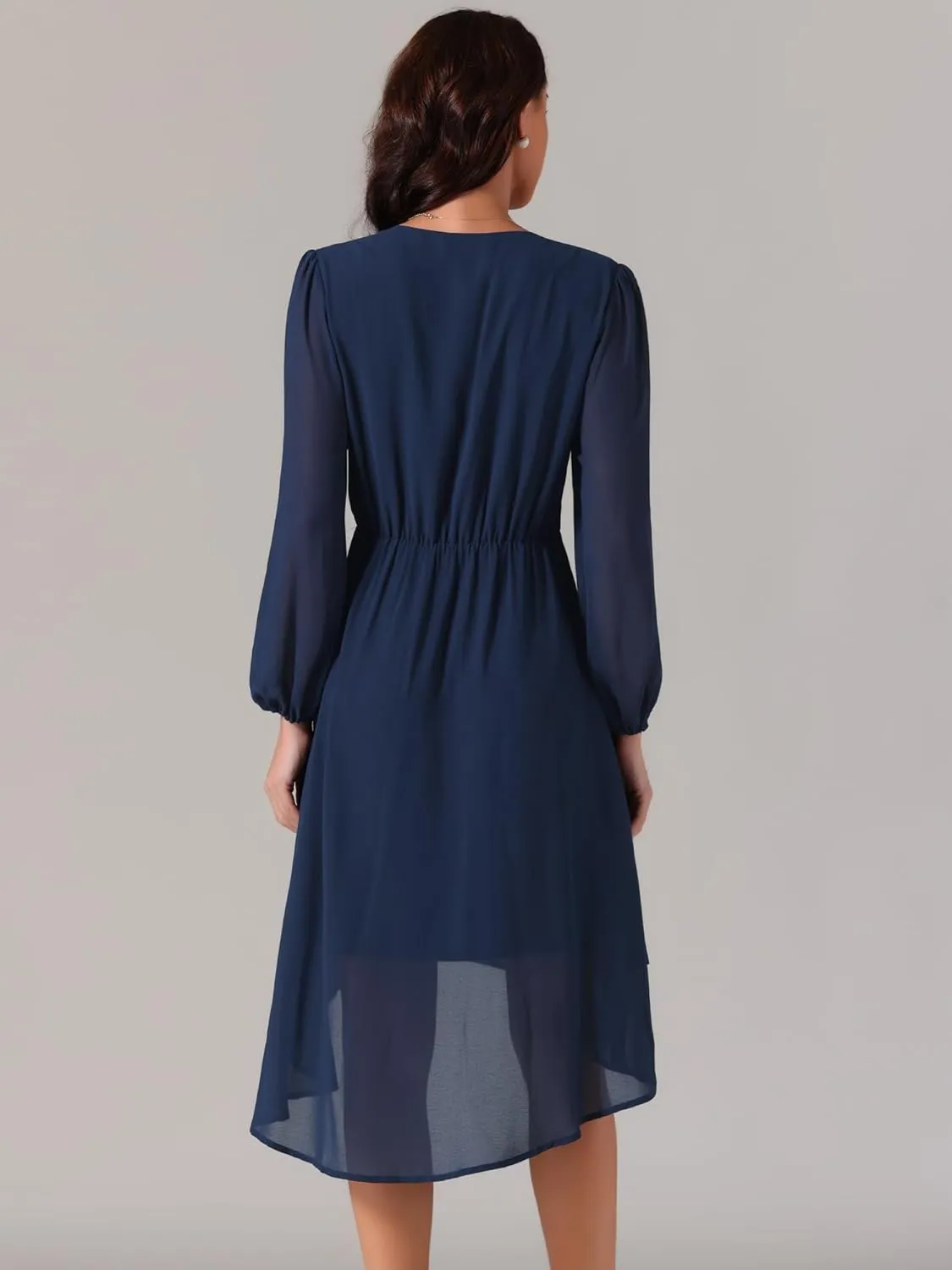 Seta T Women's V Neck Long Sleeve Dresses Chiffon Pleated High Low Asymmetrical Hem Wedding Guest Dress