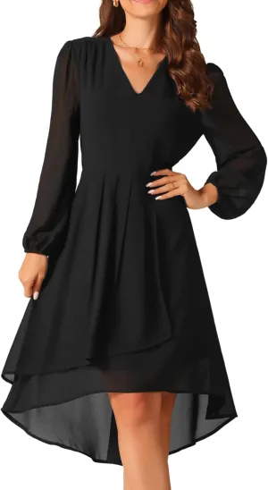 Seta T Women's V Neck Long Sleeve Dresses Chiffon Pleated High Low Asymmetrical Hem Wedding Guest Dress