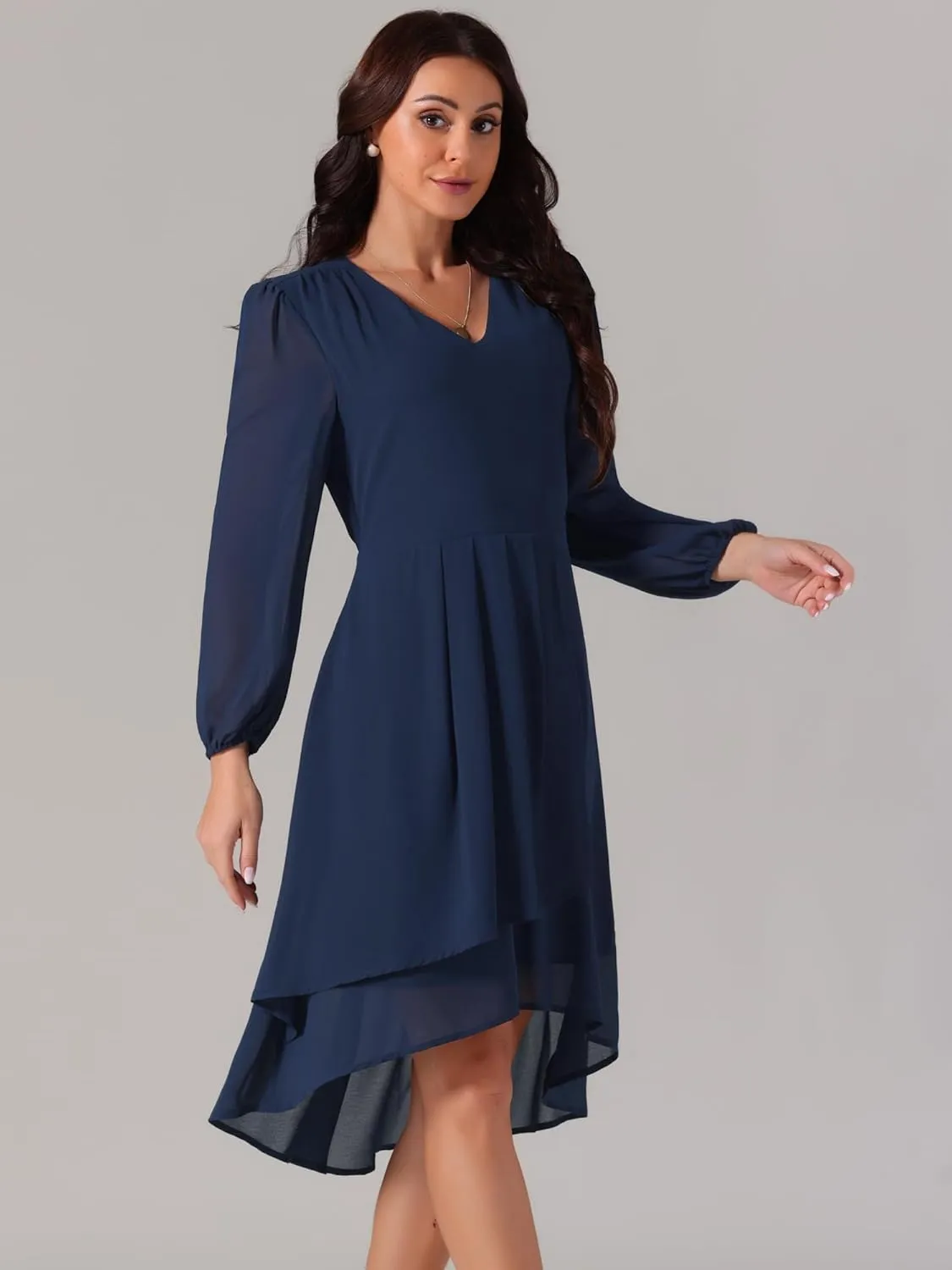 Seta T Women's V Neck Long Sleeve Dresses Chiffon Pleated High Low Asymmetrical Hem Wedding Guest Dress