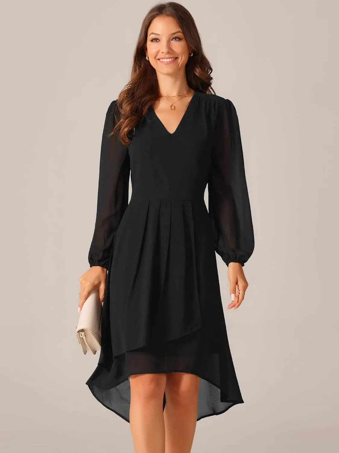 Seta T Women's V Neck Long Sleeve Dresses Chiffon Pleated High Low Asymmetrical Hem Wedding Guest Dress