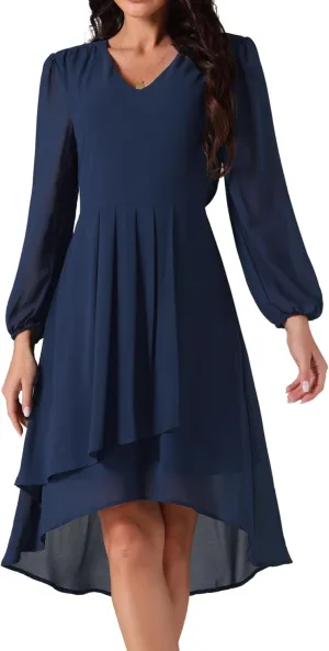Seta T Women's V Neck Long Sleeve Dresses Chiffon Pleated High Low Asymmetrical Hem Wedding Guest Dress