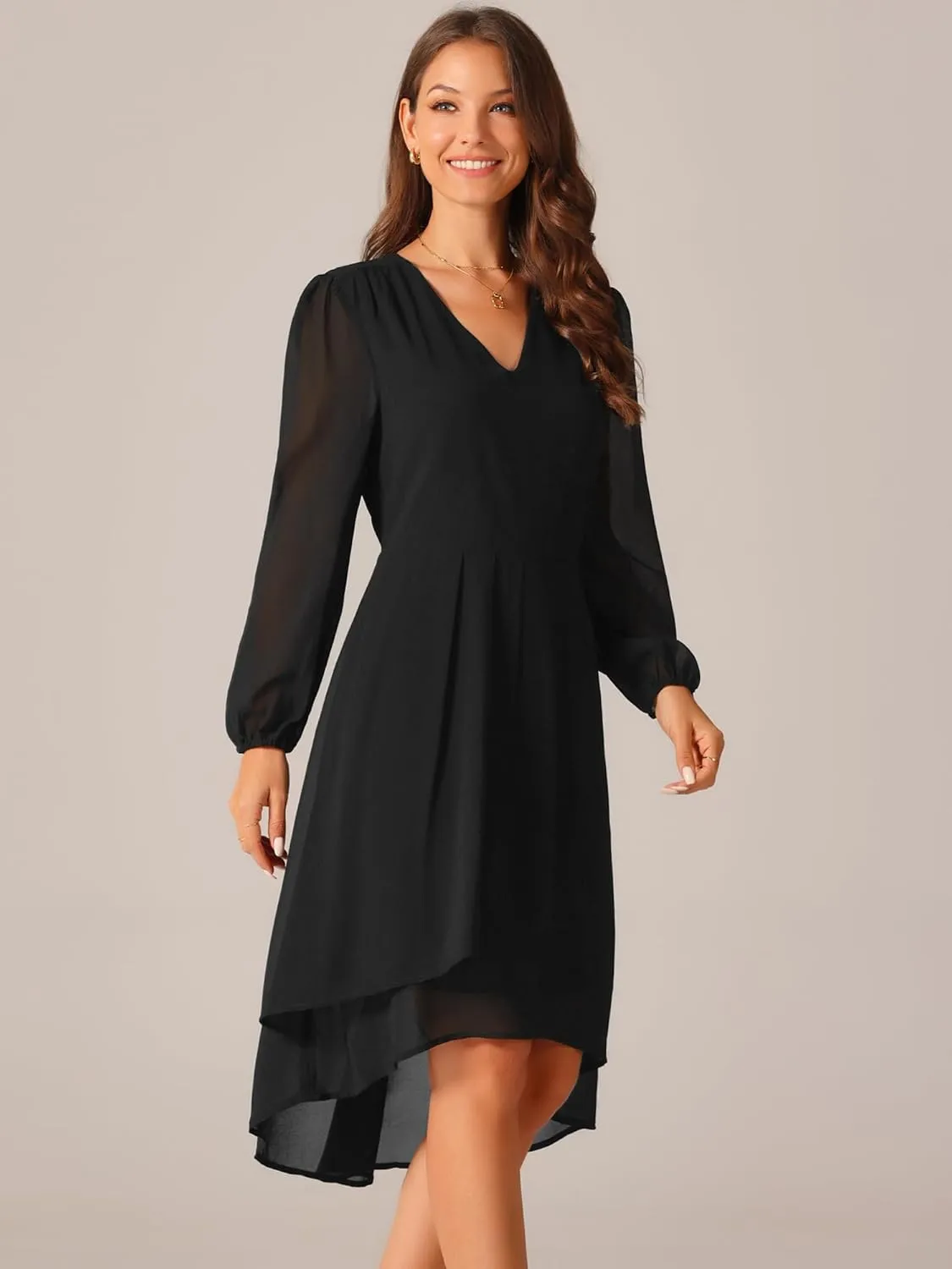 Seta T Women's V Neck Long Sleeve Dresses Chiffon Pleated High Low Asymmetrical Hem Wedding Guest Dress