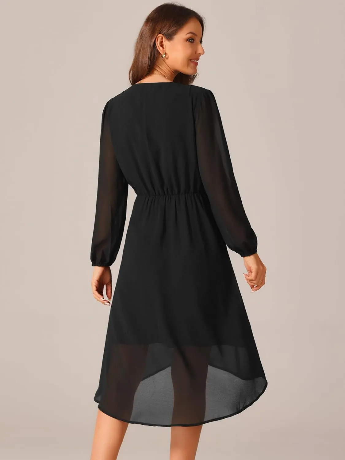 Seta T Women's V Neck Long Sleeve Dresses Chiffon Pleated High Low Asymmetrical Hem Wedding Guest Dress
