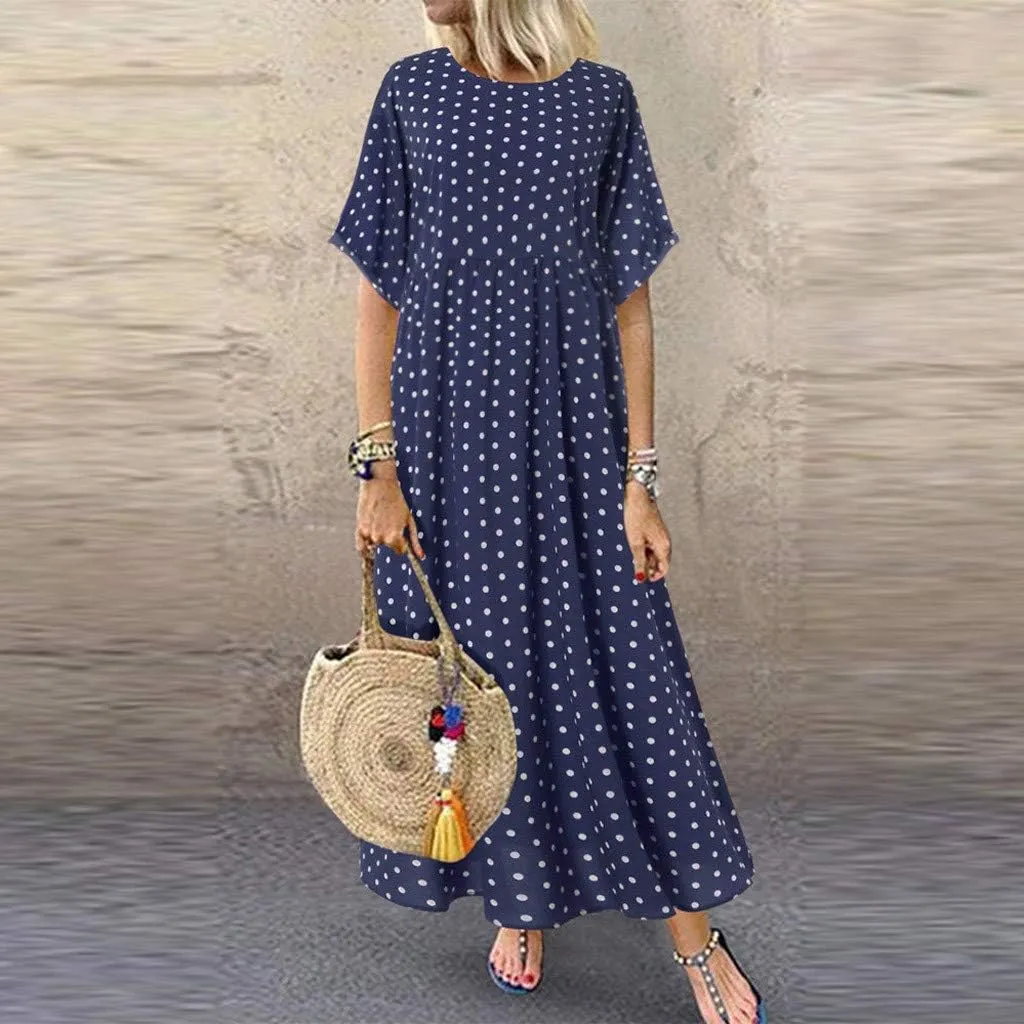 Short Sleeve Dresses for Women Trendy Casual Boho Plus Size Dress Polka Dots Crew Neck Flowy Long Maxi Sundress