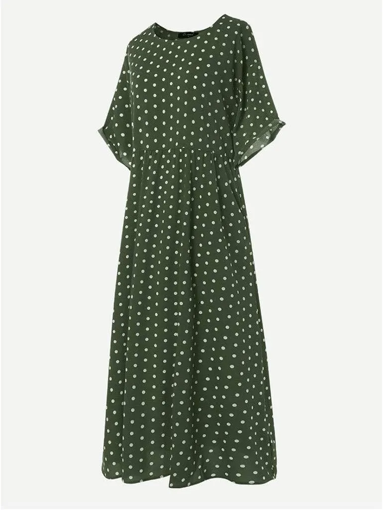 Short Sleeve Dresses for Women Trendy Casual Boho Plus Size Dress Polka Dots Crew Neck Flowy Long Maxi Sundress