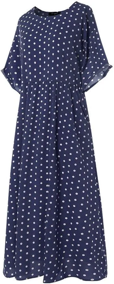Short Sleeve Dresses for Women Trendy Casual Boho Plus Size Dress Polka Dots Crew Neck Flowy Long Maxi Sundress