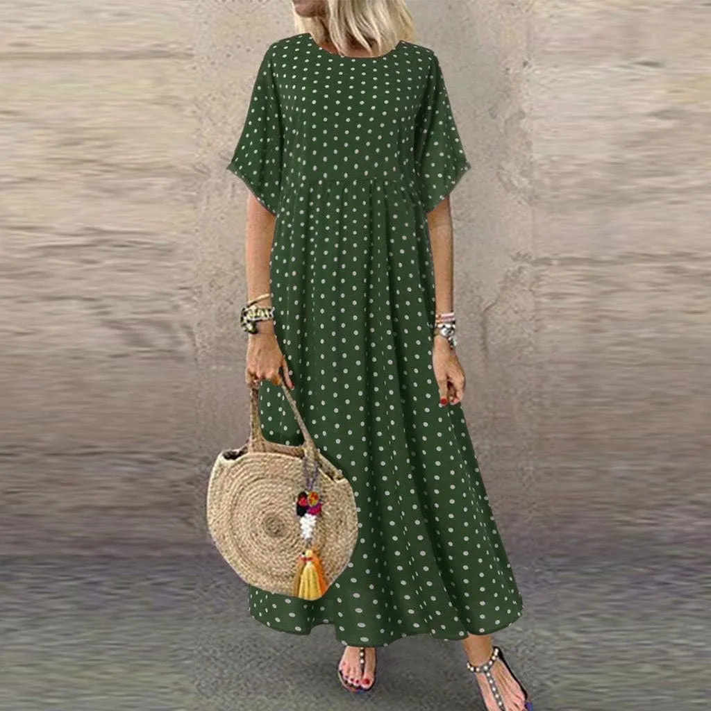 Short Sleeve Dresses for Women Trendy Casual Boho Plus Size Dress Polka Dots Crew Neck Flowy Long Maxi Sundress