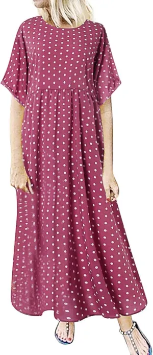 Short Sleeve Dresses for Women Trendy Casual Boho Plus Size Dress Polka Dots Crew Neck Flowy Long Maxi Sundress