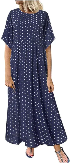 Short Sleeve Dresses for Women Trendy Casual Boho Plus Size Dress Polka Dots Crew Neck Flowy Long Maxi Sundress