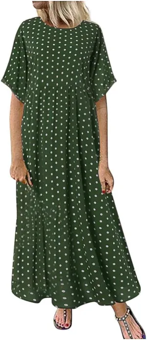 Short Sleeve Dresses for Women Trendy Casual Boho Plus Size Dress Polka Dots Crew Neck Flowy Long Maxi Sundress