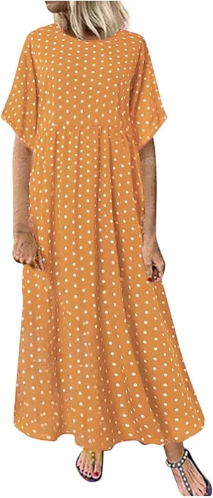 Short Sleeve Dresses for Women Trendy Casual Boho Plus Size Dress Polka Dots Crew Neck Flowy Long Maxi Sundress