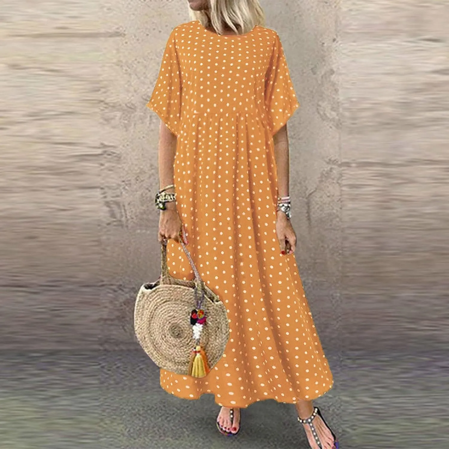 Short Sleeve Dresses for Women Trendy Casual Boho Plus Size Dress Polka Dots Crew Neck Flowy Long Maxi Sundress