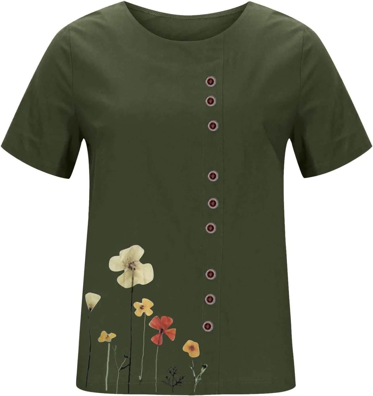 Short Sleeve Shirts for Women Summer Floral Print Tops Crewneck Button Up Shirts Loose Fit Cotton Linen Shirt 2025