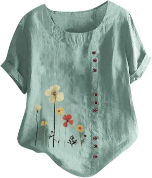 Short Sleeve Shirts for Women Summer Floral Print Tops Crewneck Button Up Shirts Loose Fit Cotton Linen Shirt 2025