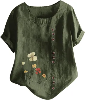 Short Sleeve Shirts for Women Summer Floral Print Tops Crewneck Button Up Shirts Loose Fit Cotton Linen Shirt 2025
