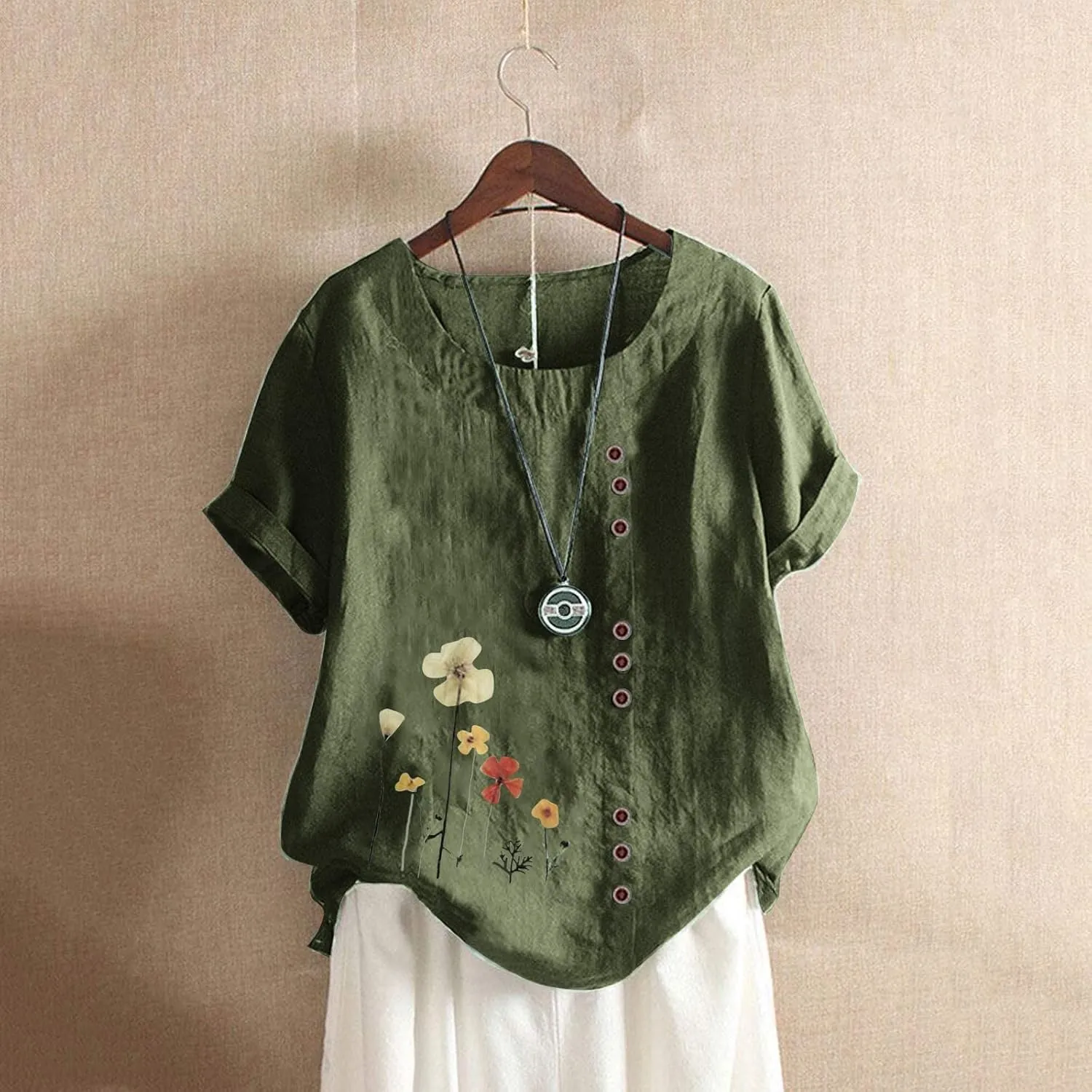 Short Sleeve Shirts for Women Summer Floral Print Tops Crewneck Button Up Shirts Loose Fit Cotton Linen Shirt 2025
