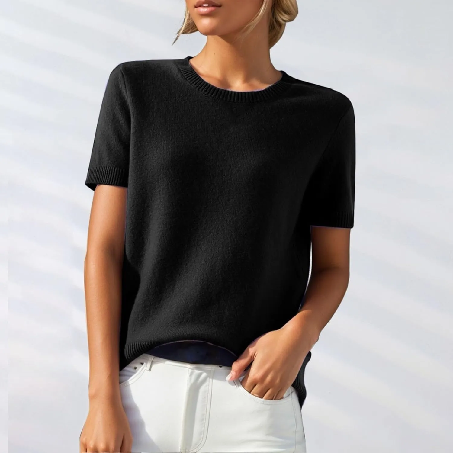 Short Sleeve Shirts for Women Trendy 2025 Crew Neck Sweater Cute Spring Casual Comfy Cashmere Sweaters Tunic Pullover