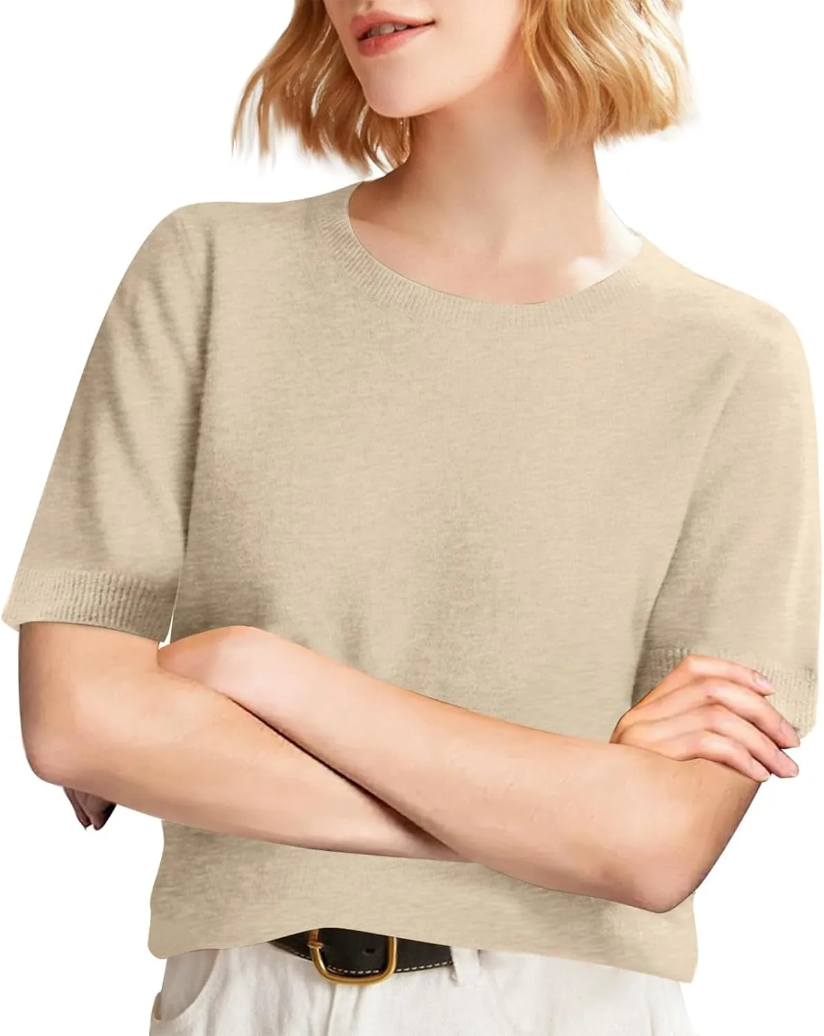 Short Sleeve Shirts for Women Trendy 2025 Crew Neck Sweater Cute Spring Casual Comfy Cashmere Sweaters Tunic Pullover