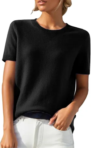 Short Sleeve Shirts for Women Trendy 2025 Crew Neck Sweater Cute Spring Casual Comfy Cashmere Sweaters Tunic Pullover