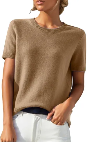 Short Sleeve Shirts for Women Trendy 2025 Crew Neck Sweater Cute Spring Casual Comfy Cashmere Sweaters Tunic Pullover